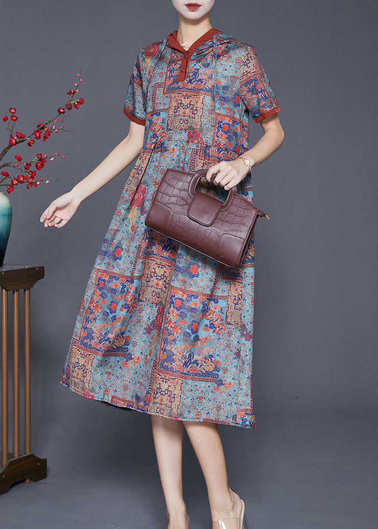 Art Hooded Print Silk Holiday Dress Short Sleeve