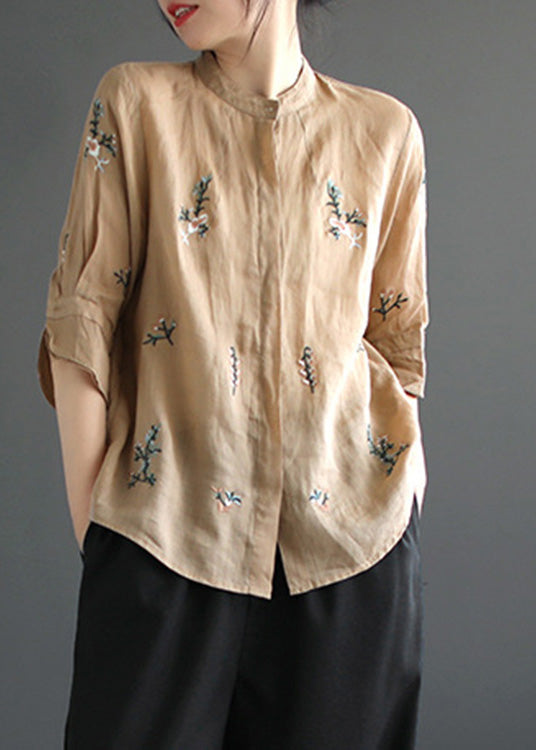 Art Khaki Embroideried Floral Button Ramie Shirt Half Sleeve