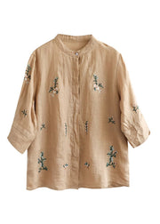 Art Khaki Embroideried Floral Button Ramie Shirt Half Sleeve