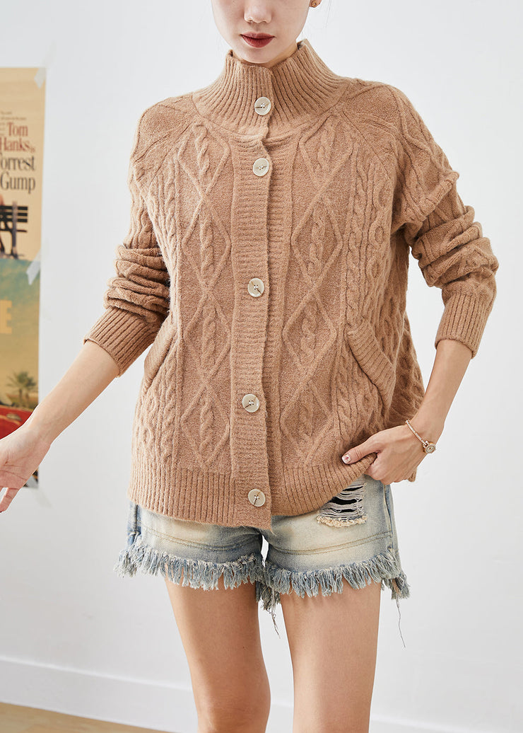 Art Khaki High Neck Button Down Warm Cable Knit Cardigan Fall