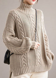 Art Khaki High Neck Oversized Cable Knit Sweaters Winter