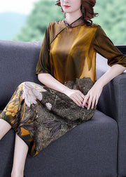 Art Khaki Mandarin Collar Print Silk Dresses Half Sleeve