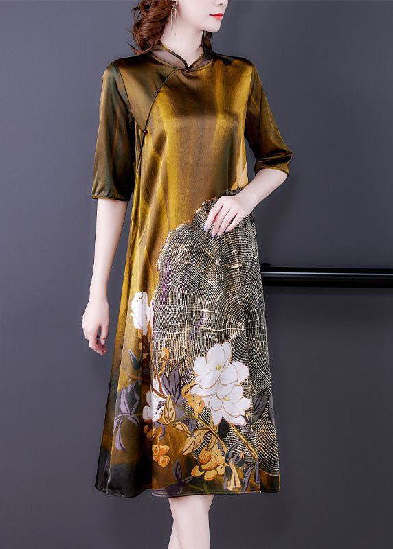 Art Khaki Mandarin Collar Print Silk Dresses Half Sleeve