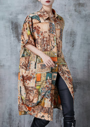 Art Khaki Oversized Print Chiffon Shirt Dress Summer