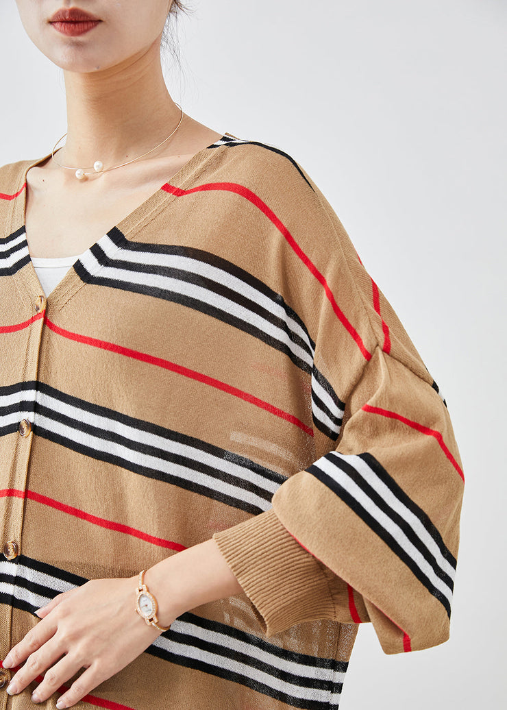 Art Khaki Oversized Striped Knit Cardigans Batwing Sleeve