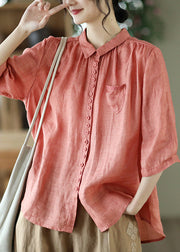 Art Khaki Peter Pan Collar Button Linen Shirt Summer