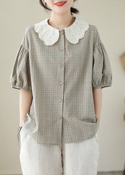 Art Khaki Peter Pan Collar Plaid Cotton Blouses Summer