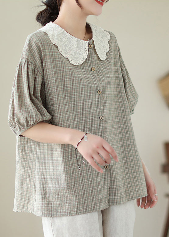 Art Khaki Peter Pan Collar Plaid Cotton Blouses Summer