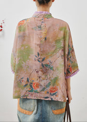 Art Khaki Ruffled Print Chinese Button Linen Blouse Tops Summer