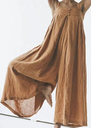 Art Khaki Slash Neck Button Solid Linen Jumpsuit Summer