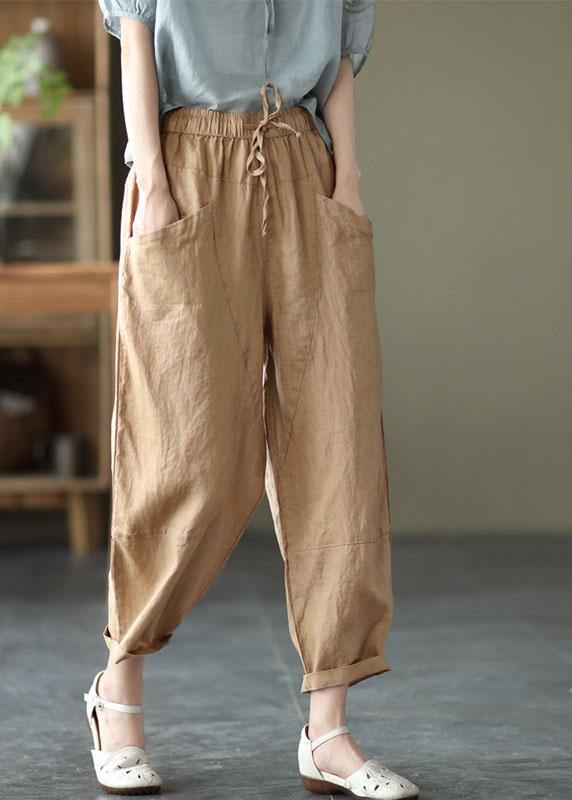 Art Khaki Tie Waist Pockets Summer Harem Pants Linen - bagstylebliss