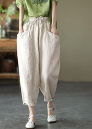 Art Khaki Tie Waist Pockets Summer Harem Pants Linen - bagstylebliss