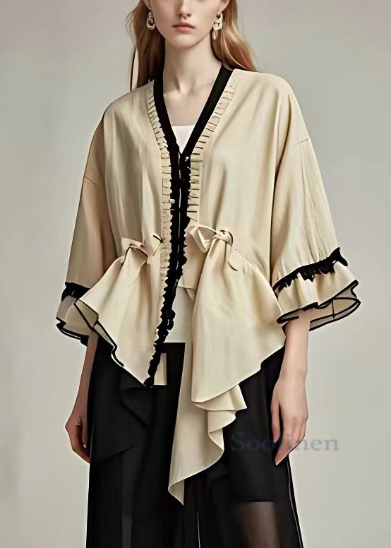 Art Khaki V Neck Asymmetrical Cotton Coats Half Sleeve