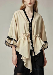 Art Khaki V Neck Asymmetrical Cotton Coats Half Sleeve