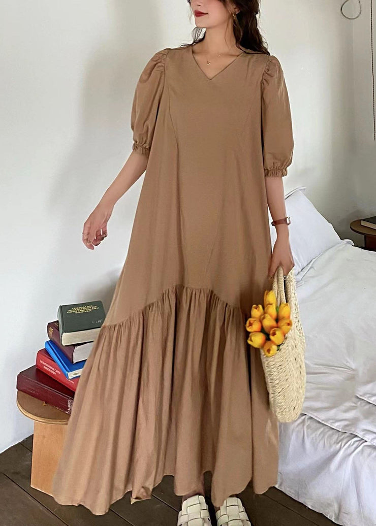 Art Khaki V Neck Patchwork Wrinkled Cotton Long Dress Puff Sleeve