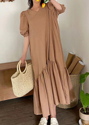 Art Khaki V Neck Patchwork Wrinkled Cotton Long Dress Puff Sleeve