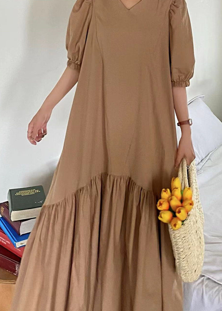 Art Khaki V Neck Patchwork Wrinkled Cotton Long Dress Puff Sleeve