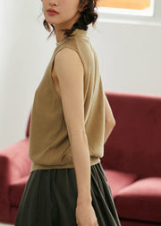 Art Khaki V Neck Solid Thin Knit Woolen Top Summer