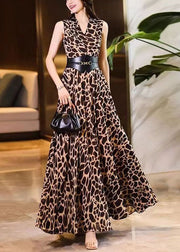 Art Leopard Print V Neck Sashes Chiffon Long Dresses Summer