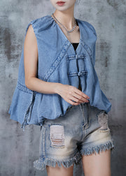 Art Light Blue Chinese Button Drawstring Denim Vests Summer