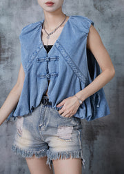 Art Light Blue Chinese Button Drawstring Denim Vests Summer