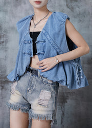 Art Light Blue Chinese Button Drawstring Denim Vests Summer