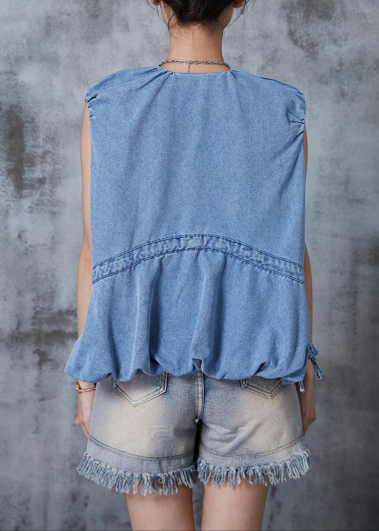 Art Light Blue Chinese Button Drawstring Denim Vests Summer