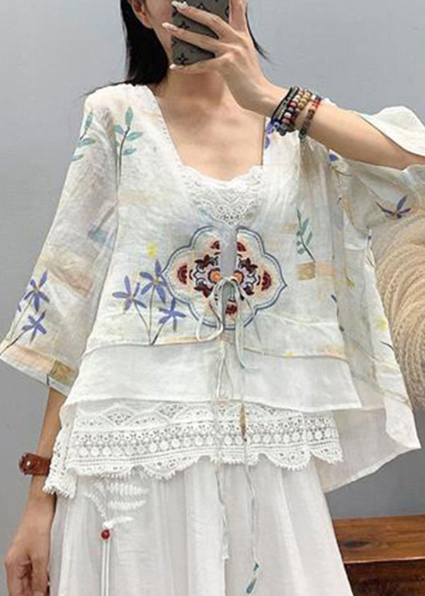 Art Light Blue Embroideried Patchwork Linen Shirt Top Short Sleeve