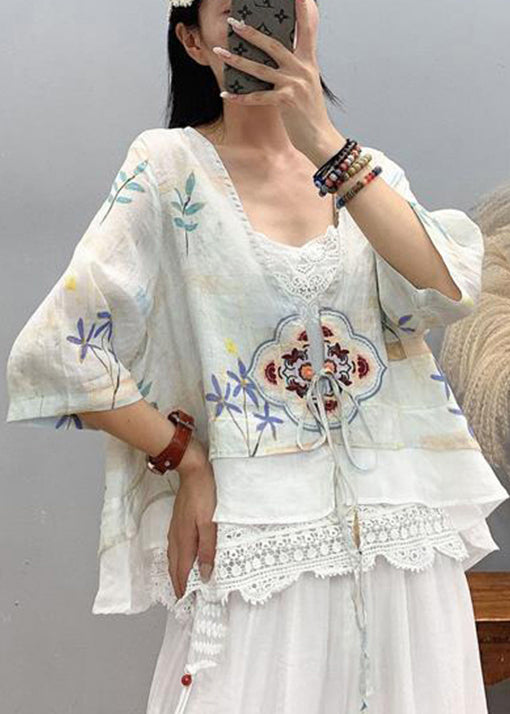 Art Light Blue Embroideried Patchwork Linen Shirt Top Short Sleeve