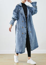 Art Light Blue Lapel Double Breast Denim Trench Coats Fall