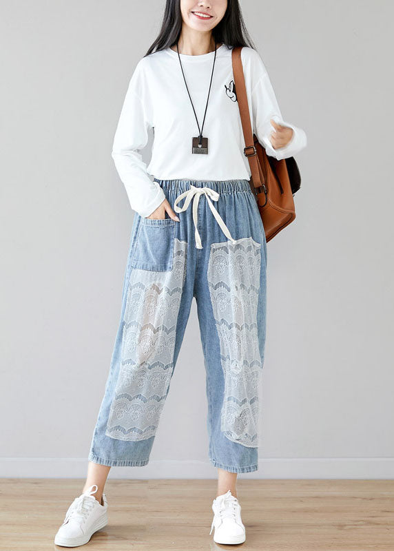 Art Light Blue Oversized Lace Patchwork Hollow Out Cotton Pants Trousers Summer