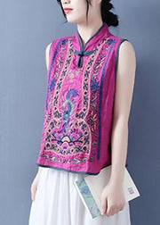 Art Light Blue Stand Collar Embroidered Floral Waistcoat Summer