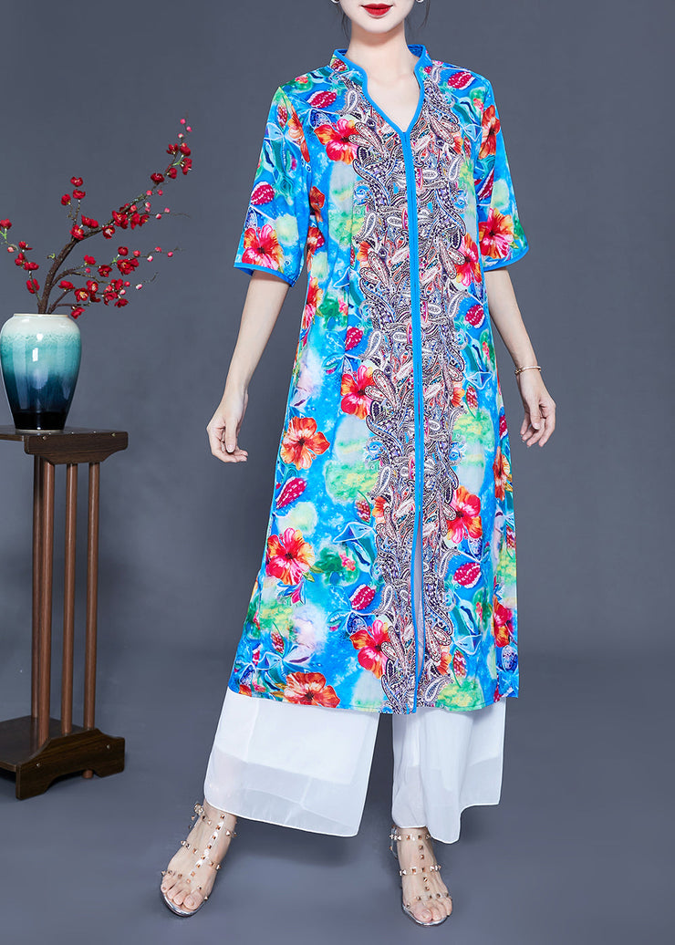 Art Light Blue V Neck Patchwork Print Side Open Silk Beach Dresses Summer