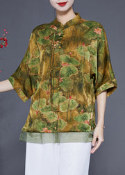 Art Light Green Stand Collar Patchwork Print Tassel Silk Top Half Sleeve