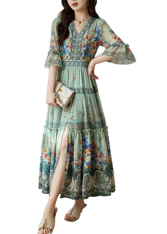 Art Light Green V Neck Ruffled Print Silk Long Dress Flare Sleeve