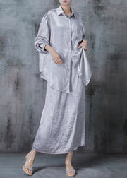 Art Light Grey Oversized Wrinkled Silk Two Pieces Set Fall