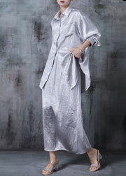 Art Light Grey Oversized Wrinkled Silk Two Pieces Set Fall