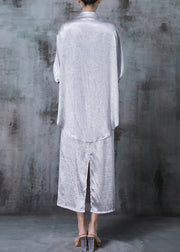 Art Light Grey Oversized Wrinkled Silk Two Pieces Set Fall