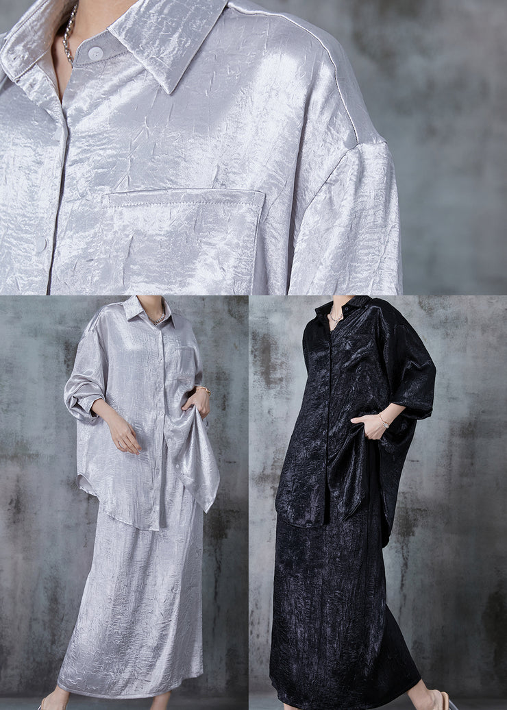 Art Light Grey Oversized Wrinkled Silk Two Pieces Set Fall