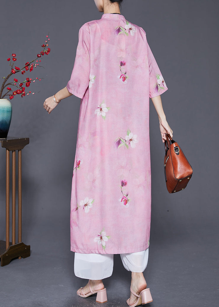 Art Light Purple Print Chinese Button Fine Linen Dress Summer