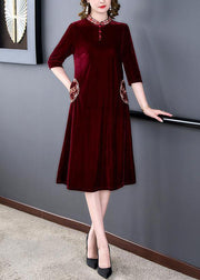 Art Mulberry Mandarin Collar Embroideried Silk Velour A Line Dress Half Sleeve