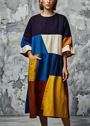 Art Multicolour Asymmetrical Patchwork Cotton Long Dress Summer