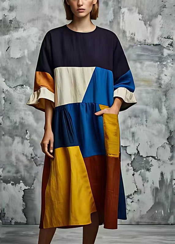 Art Multicolour Asymmetrical Patchwork Cotton Long Dress Summer