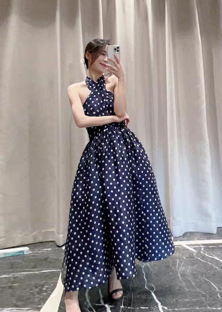 Art Navy Blue Dot Print A Line Dresses Summer