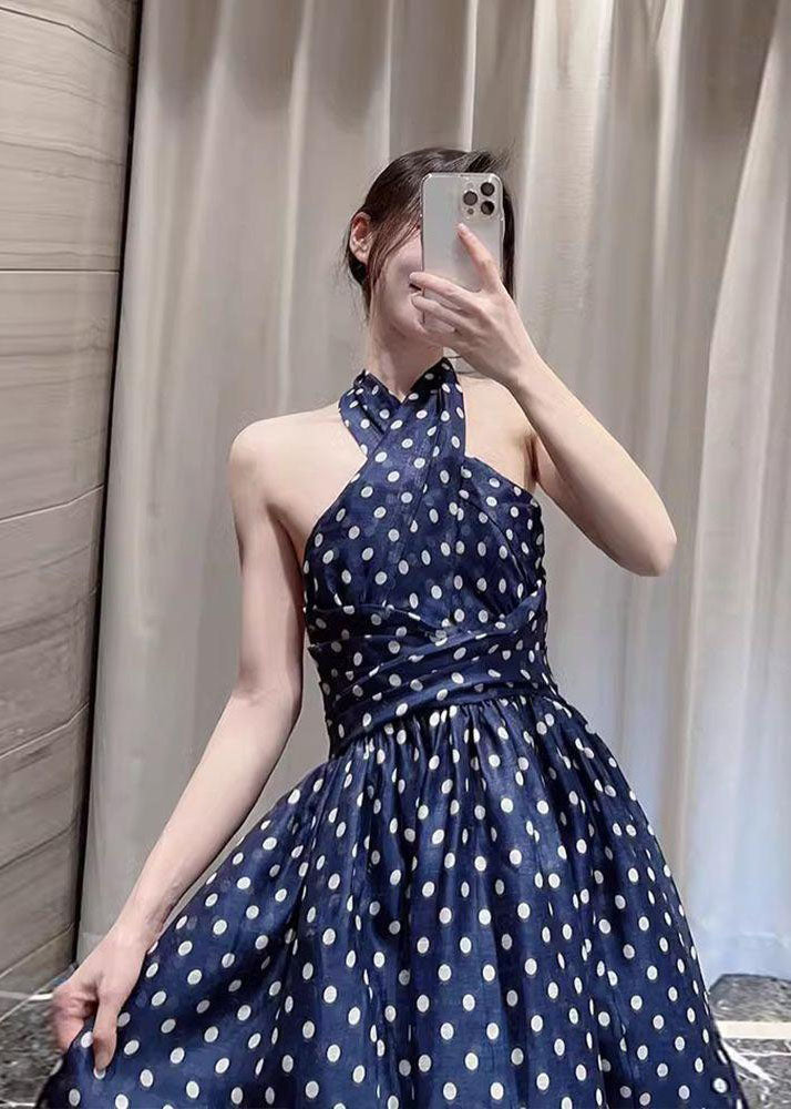 Art Navy Blue Dot Print A Line Dresses Summer