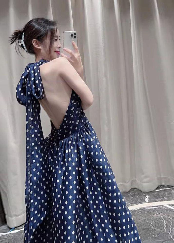 Art Navy Blue Dot Print A Line Dresses Summer