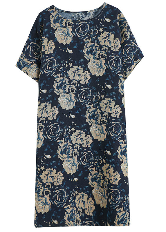 Art Navy Blue O-Neck Print Maxi Dress Short Sleeve