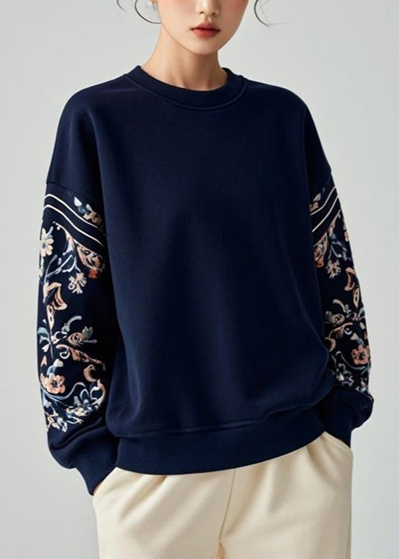 Art Navy O-Neck Print Pullover Fall