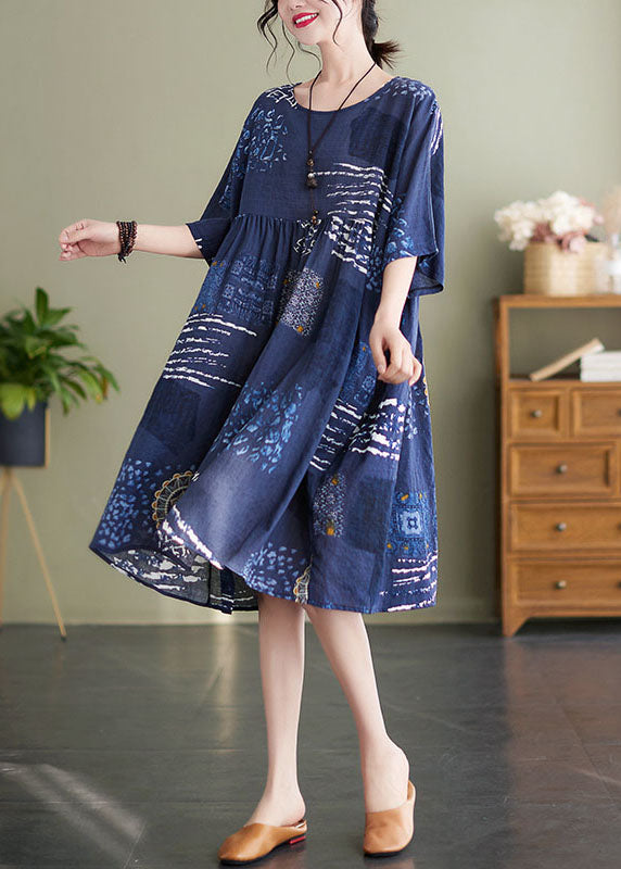 Art Navy O Neck Print Wrinkled Patchwork Cotton Mid Dresses Summer