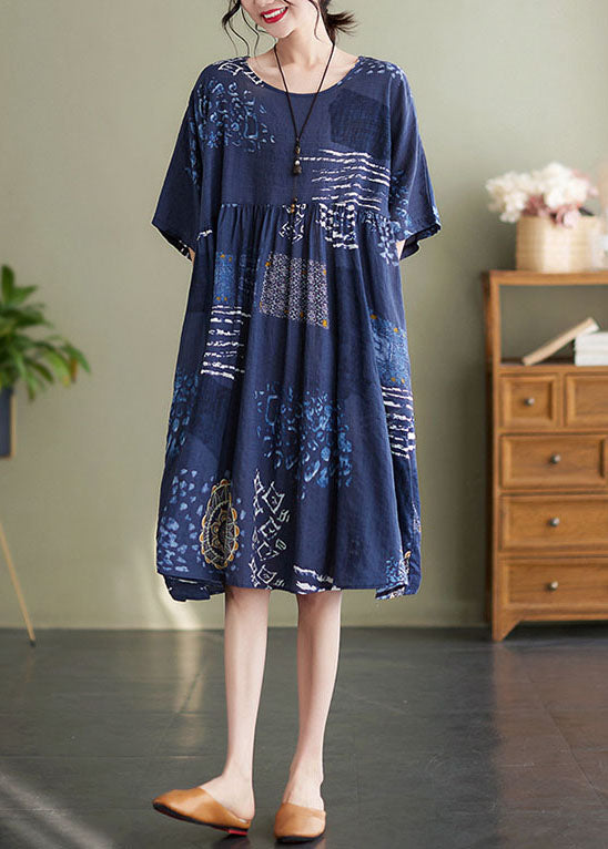 Art Navy O Neck Print Wrinkled Patchwork Cotton Mid Dresses Summer